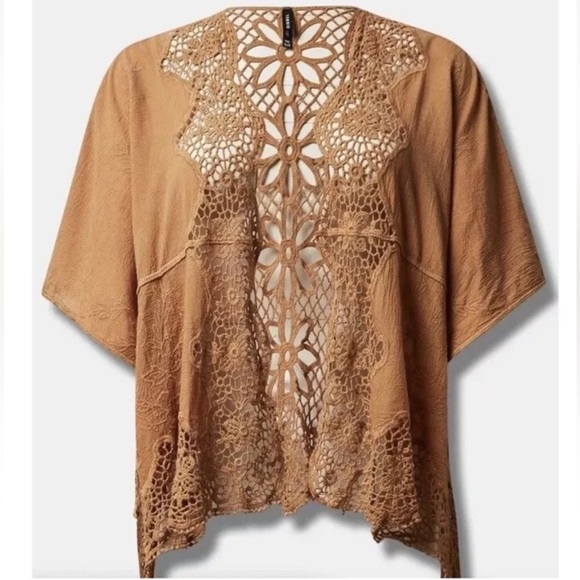 Torrid Crochet Embroidered Ruana with Sleeves Camel Kimono Coverup Size O/S - Picture 3 of 11
